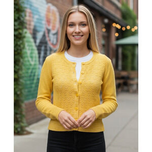 Sparrow x Anthropologie Pointelle Perk Button Up Cardigan Yellow Anthro Size XS